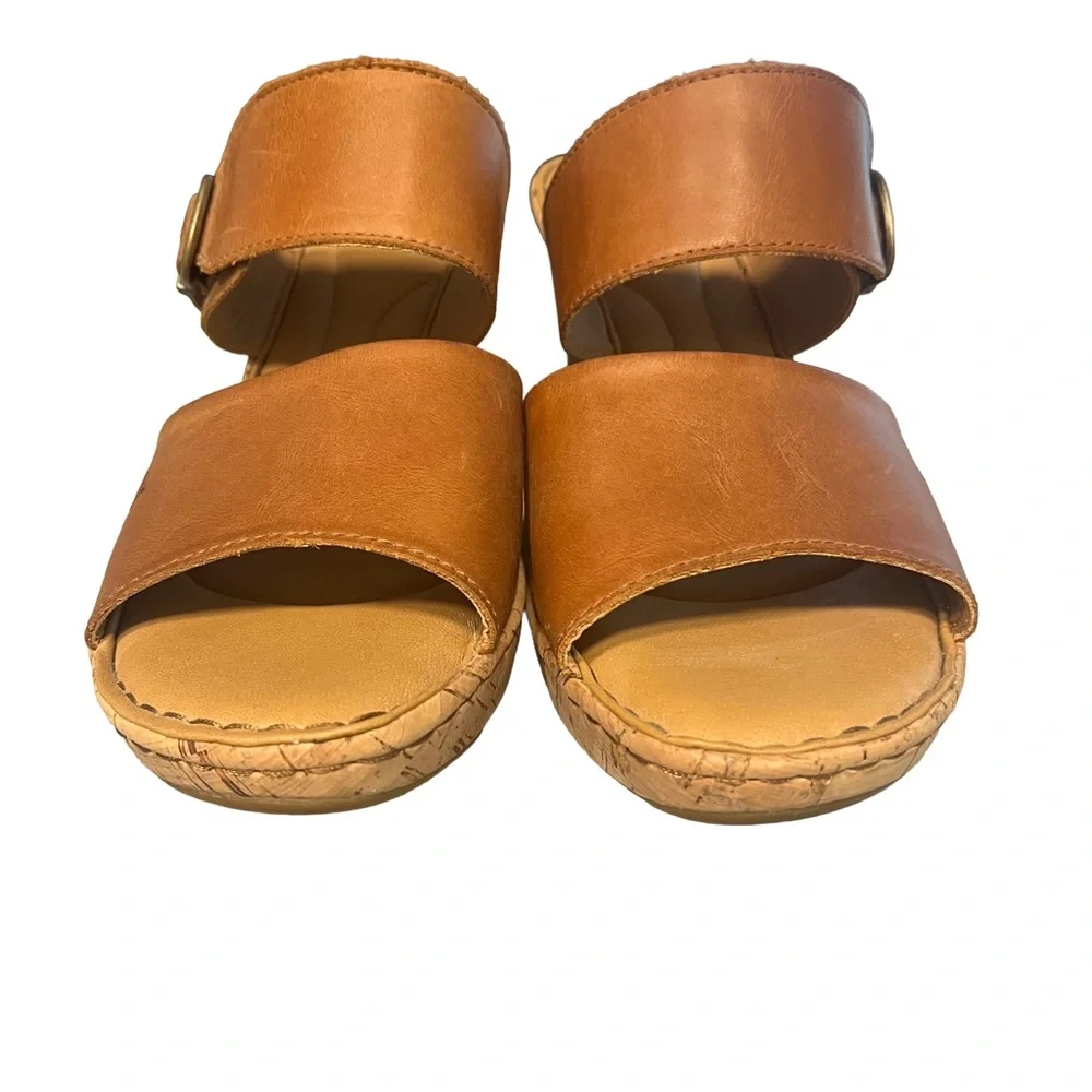 Born Cork High Wedge Sz 11 Tan Brown Leather Sandal Strap Slip On Buckle EUC